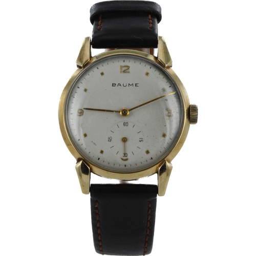 566 - Gents 9ct cased Baume manual wind wristwatch, circa 1952. The silvered dial with gilt Arabic numeral... 