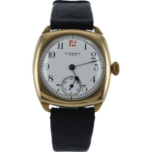 576 - Gents 9ct cased manual wind wristwatch by Waltham, circa 1931. The white dial with Arabic numerals, ... 