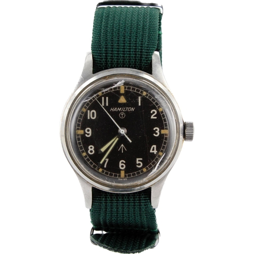 595 - Hamilton British Military Issue RAF Pilots wristwatch. The black dial with Arabic numerals, broad ar... 