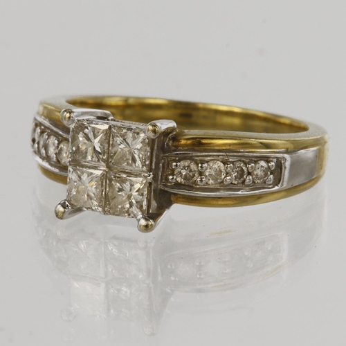 60 - 18ct yellow gold ring set with four tension set princess cut diamonds weighing approx. 0.16ct each, ... 