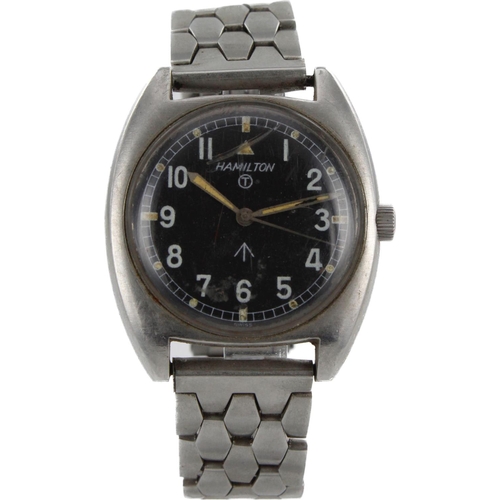 604 - Hamilton British Military issue stainless steel wristwatch, circa 1973. The black dial with Arabic n... 