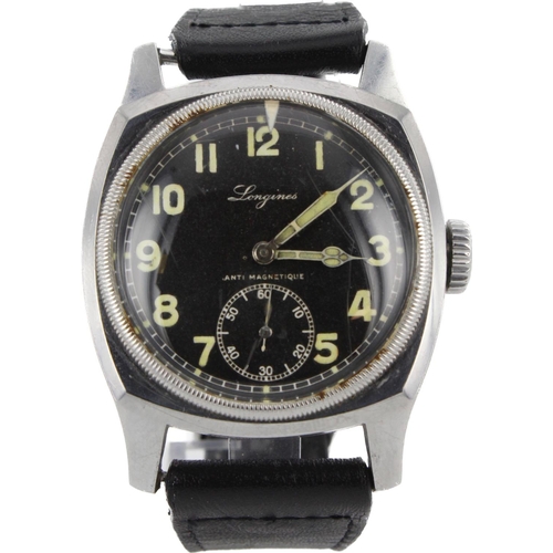 607 - Longines Majetek Czech Military Air Force pilots wristwatch, circa 1937. The black dial with Arabic ... 