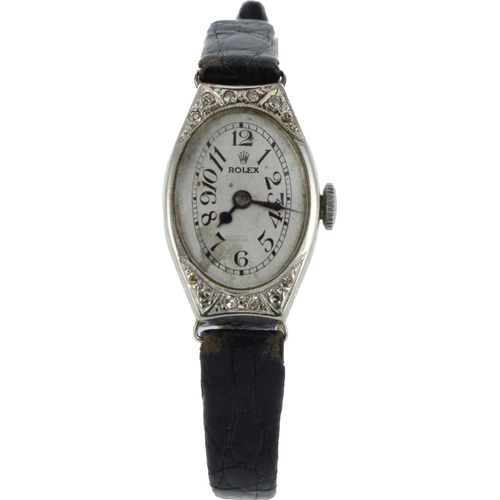 610 - Ladies 18ct white gold cased diamond set Rolex manual wind wristwatch, Glasgow import marks 1926. Th... 