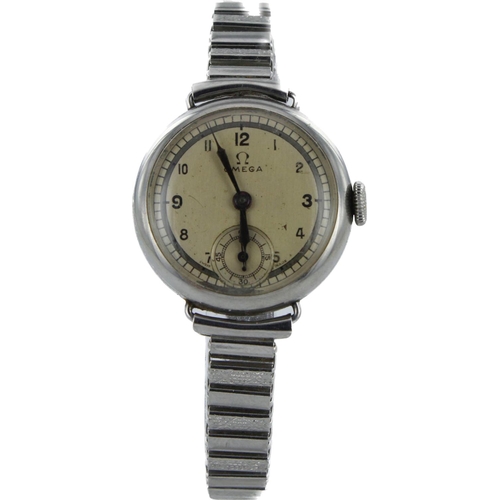 616 - Ladies stainless steel cased Art Deco Omega manual wind wristwatch, circa 1935. The silvered dial wi... 