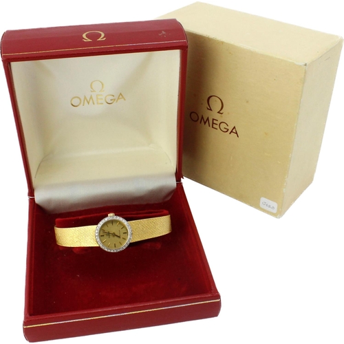 624 - Ladies 18ct cased diamond set Omega De Ville manual wind wristwatch, circa 1973. The gilt dial with ... 