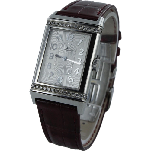 640 - Jaeger-LeCoultre Reverso Ultra Thin stainless steel cased diamond set ladies manual wind wristwatch,... 