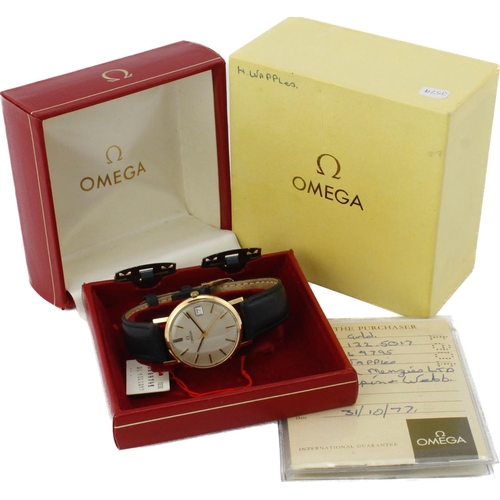 652 - Gents 9ct cased Omega manual wind wristwatch, ref. 132.5017, circa 1974. The silvered dial with bato... 