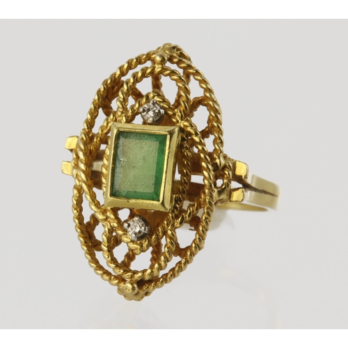 69 - 18ct yellow gold dress ring with rope effect design, set with a central rectangular step cut emerald... 