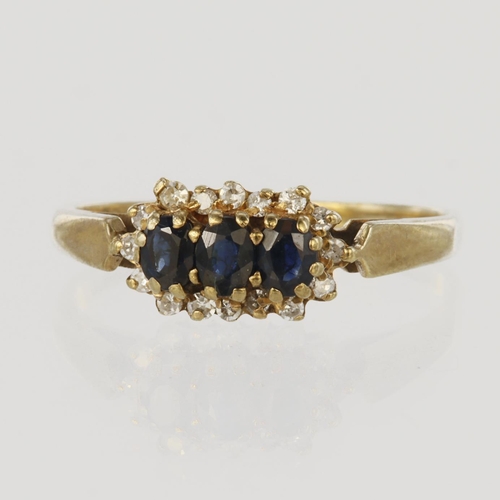 70 - 9ct yellow gold triple cluster ring set with three oval sapphires surrounded by sixteen round brilli... 