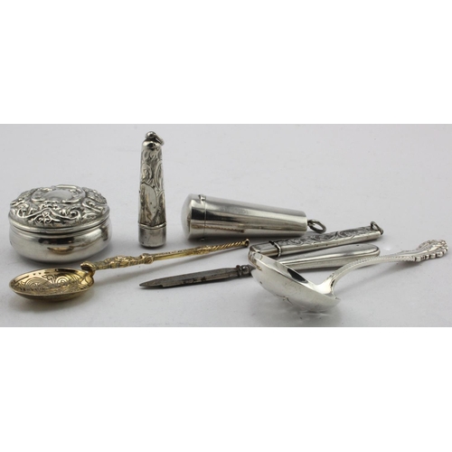 757 - Mixed lot of silver and silver mounted items comprising two cheroot holders (one includes an amber? ... 