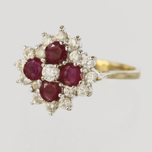 78 - 9ct yellow gold cluster ring consisting of four round 3mm diameter rubies and seventeen round cz, fi... 