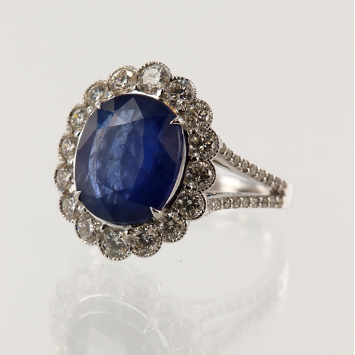 82 - White gold (tests 18ct) diamond and sapphire cluster ring, oval sapphire approx. 3.75ct, set with a ... 