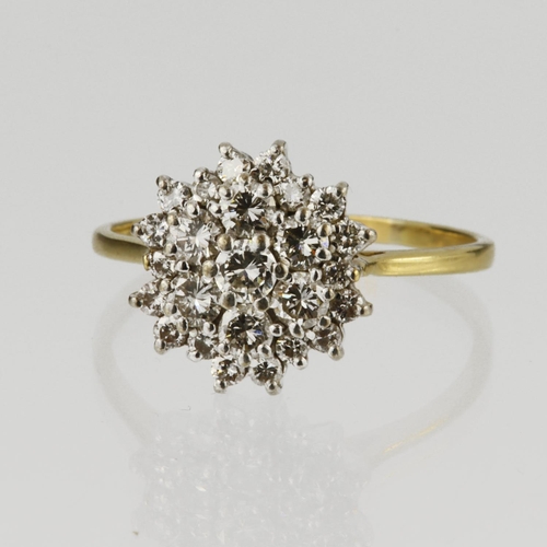 84 - 18ct yellow gold three tier diamond cluster ring consisting of seven round brilliant cut diamonds in... 