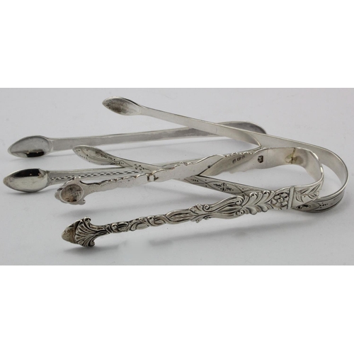 845 - Three Georgian silver pairs of sugar tongs comprising a very attractive cast pair (repaired) with tw... 