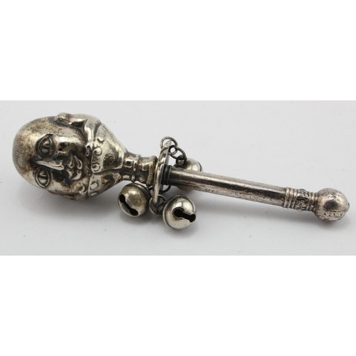 848 -  Victorian silver plated childs rattle in the form of Humpty Dumpty with three bells, inscribed 