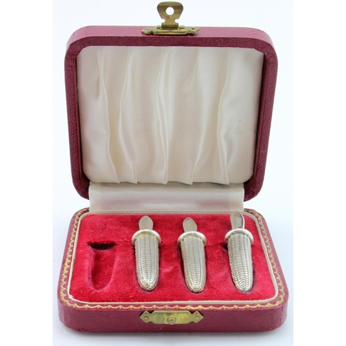 871 - Boxed set of three (one missing, should be a set of four) silver corn on the cob holders hallmarked ... 