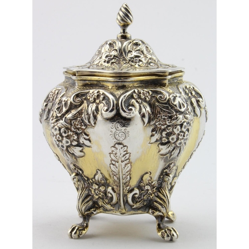 876 - Very attractive embossed silver tea caddy, hallmarked GNRH Chester 1901, hallmarked on lid & base wi... 