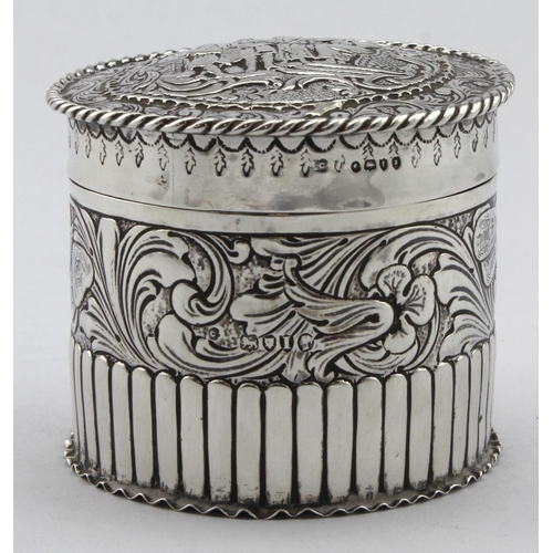 878 - Unusual, decorative Victorian silver cylindrical standing box, interesting scene on lid, this lid is... 