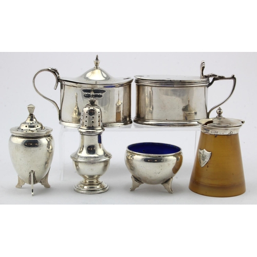 882 - Mixed lot of silver etc. comprising two silver mustard pots (one has a damaged blue glass liner), tw... 