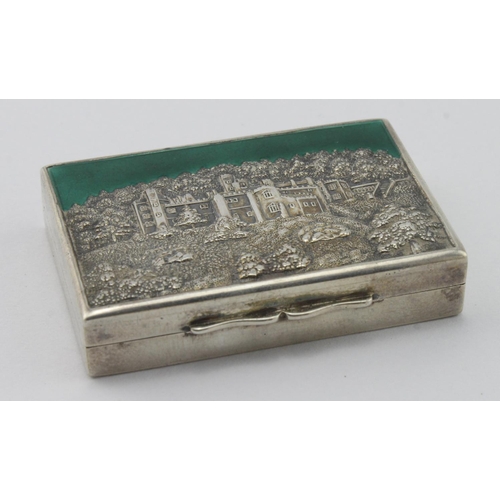 890 - Silver snuff / pill box, lid depicting a castle within its grounds with enamel decoration, hallmarke... 