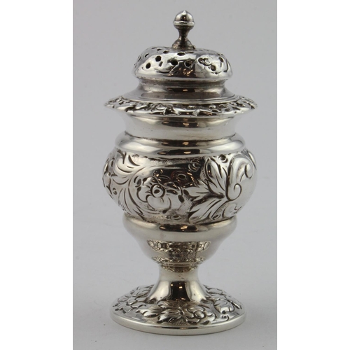 891 - Highly ornate early 19th C silver pepper, hallmarks are rubbed, Maker WF, dated either 1785 or 1825 ... 