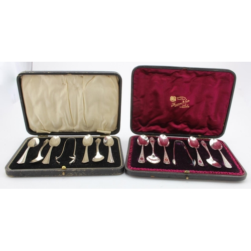 893 - Two boxed sets of six silver spoons & silver tongs (fourteen items in all) hallmarked London 1893 & ... 