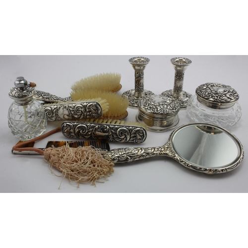 896 - Eleven items, part-composite dressing table suite of silver and glass items includes two silver load... 