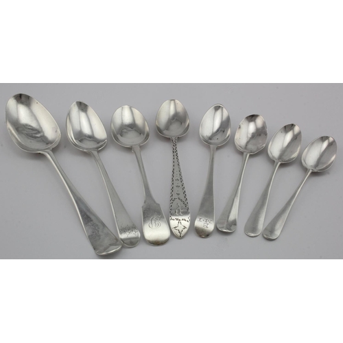 900 - Mixed lot of mainly Georgian silver flatware comprising four Hanoverian pattern London  18th C. spoo... 