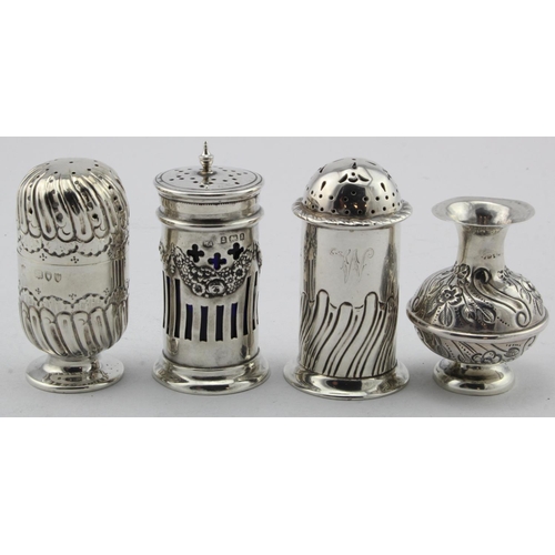 902 - Three Victorian silver pepper pots, all have British hallmarks two for 1892 and one for 1900, (one o... 