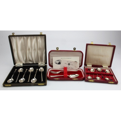 903 - Three boxes of silver flatware comprising six silver bean top coffee spoons, six silver teaspoons an... 