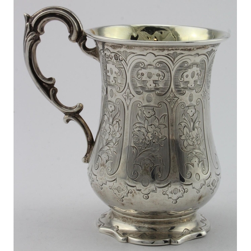 909 - Victorian attractive, waisted silver Christening mug (has a vacant cartouche) hallmarked JE London 1... 