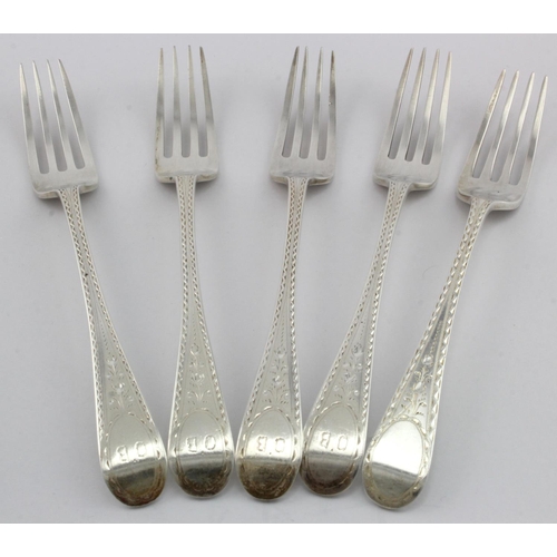 913 - Five Silver, Oar End, Old English pattern, bright-cut table forks hallmarked CWF (4) & CSRS (1) Lond... 