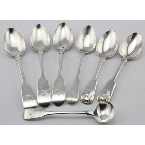 915 - Mixed lot of silver flatware comprising three George III teaspoons, one Old English pattern and two ... 