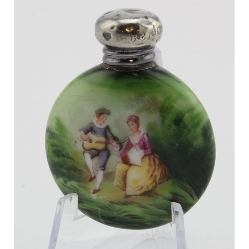 916 - Silver topped pottery scent bottle with painted scene, the top is a little dented, the top is hallma... 