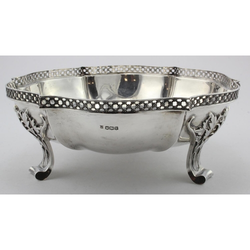 928 - Silver fruit bowl with three amazingly ornate foliate legs, very unusual item, hallmarked CB&S (Char... 