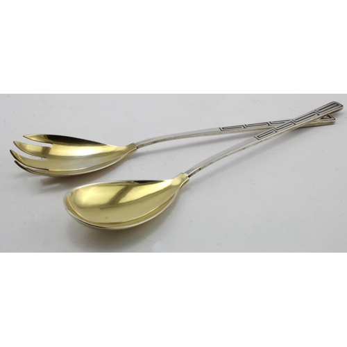 929 - Pair of 800 grade silver German salad servers with gilt bowls marked M. Hansen 800 and other German ... 