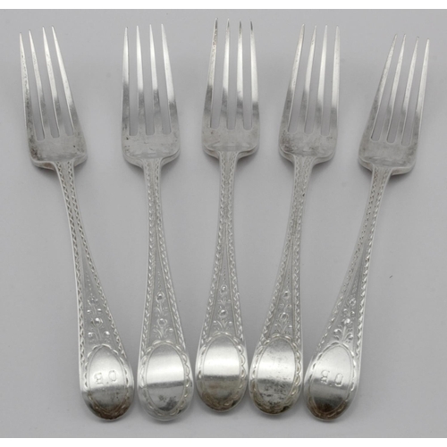 930 - Five silver, Oar End, Old English pattern bright-cut dessert forks hallmarked CWF (C.W. Fletcher & S... 