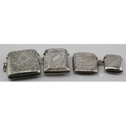 941 - Four silver vesta cases, all have floriate designs, hallmarked Birm. 1899, 1912, 1914 and 1919, tota... 