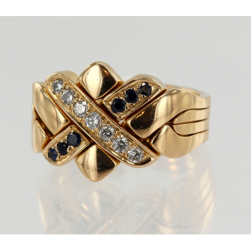 122 - Yellow gold (tests 18ct) puzzle ring, four bands, two stone set bands, one set with diamonds TDW app... 