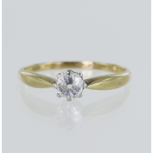 128 - Yellow gold (tests 14ct) diamond solitaire ring, upside down set round brilliant cut approx 0.45ct, ... 