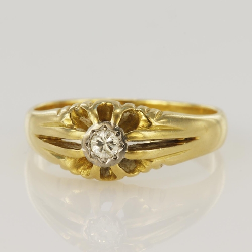 181 - Yellow gold (tests 18ct) diamond gypsy ring, one round brillaint cut approx. 0.13ct, finger size U/V... 