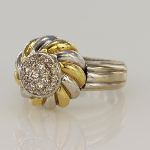 80 - 18ct white gold diamond cocktail ring by Rodney Rayner, twisted dome highlighted with yellow gold to... 