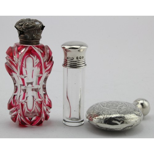 907 - Silver perfume bottle, hallmarked GW Chester 1896 (slightly dented),  weighs 1.25 oz approx plus a s... 