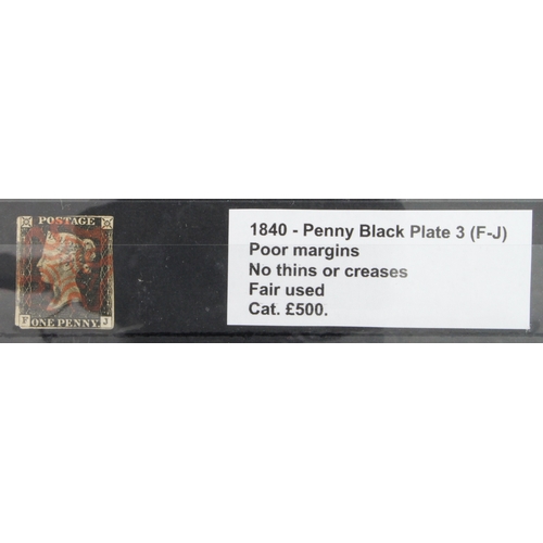 2 - GB - 1840 Penny Black Plate 3 (F-J) poor margins, no thins or creases, fair used, cat £500