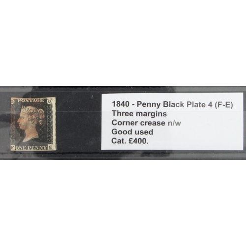 3 - GB - 1840 Penny Black Plate 4 (F-E) three margins, corner crease n/w, good used, cat £400