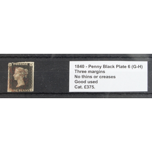 5 - GB - 1840 Penny Black Plate 6 (G-H) three margins, no thins or creases, good used cat £375