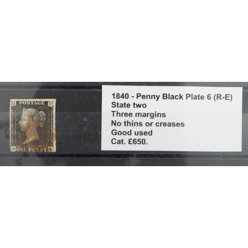 6 - GB - 1840 Penny Black Plate 6 (R-E) state two, three margins, no thins or creases, good used, cat £6... 