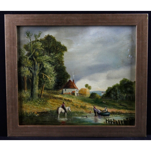 811 - 19th century oil on canvas depicting a rural scene with figures and horse wading in a shallow river ... 