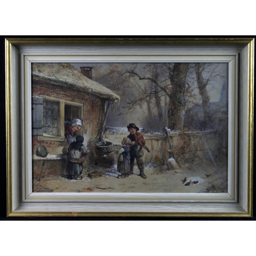 812 - 19th century watercolour depicting a winter scene of children busking outside a woman's cottage (pos... 