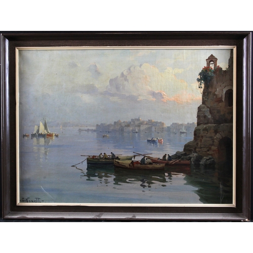 813 - A. Nonetti. Oil on canvas, depicting boats in a harbour, signed by artist to lower left, framed, ima... 